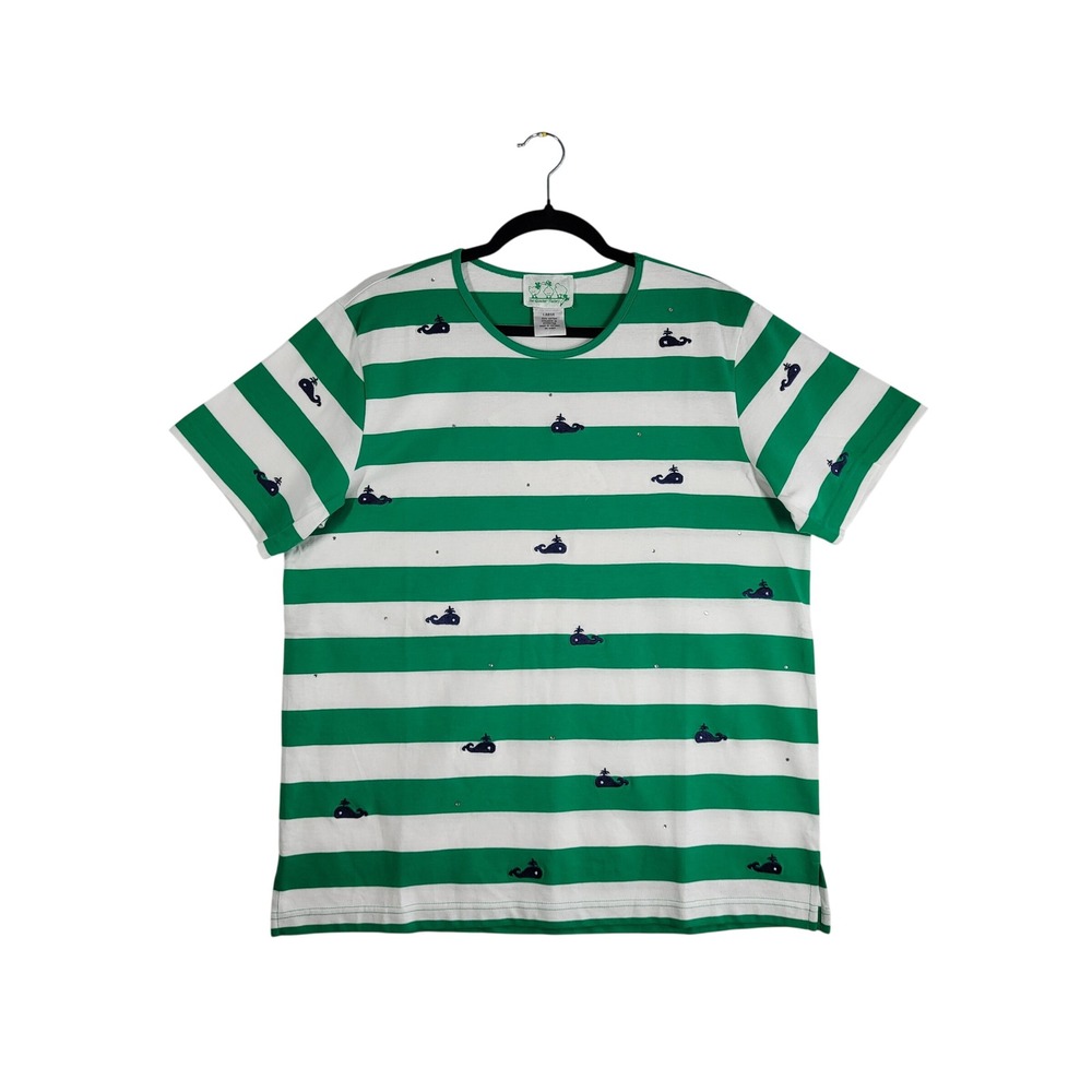 Quacker Factory Green Striped Whale Top Embroidered Rhinestone Tee L (14/16) NEW